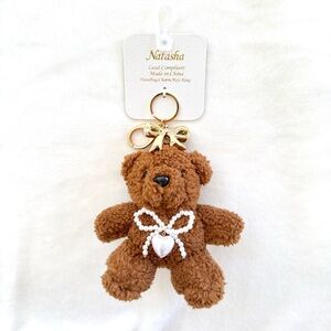 Natasha Brown Teddy Bear Plushie w/ Bows & Heart Key Chain / Bag Charm